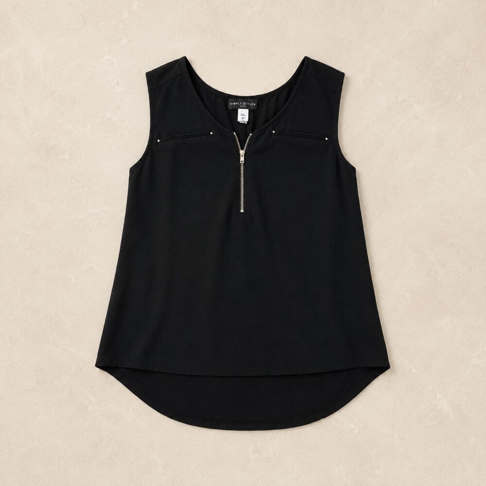 Simply Styled Black Sleeveless Zip Front Tank Top M High Low Hem Stud Detail